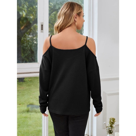 Maternity Waffle Knit Cold Shoulder long sleeve Tee black - Picture 2 of 5